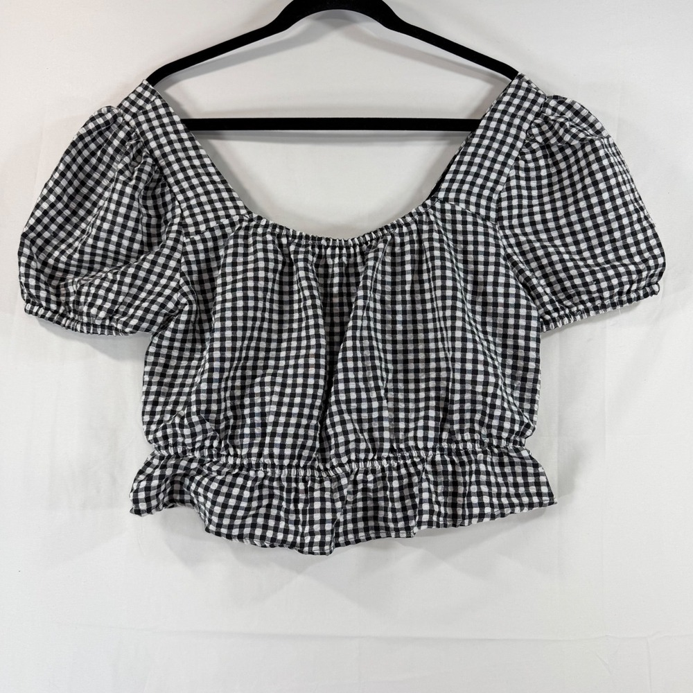 Stitch & Pine Black White Gingham Puff Sleeve Smocked Peplum Crop Top Large